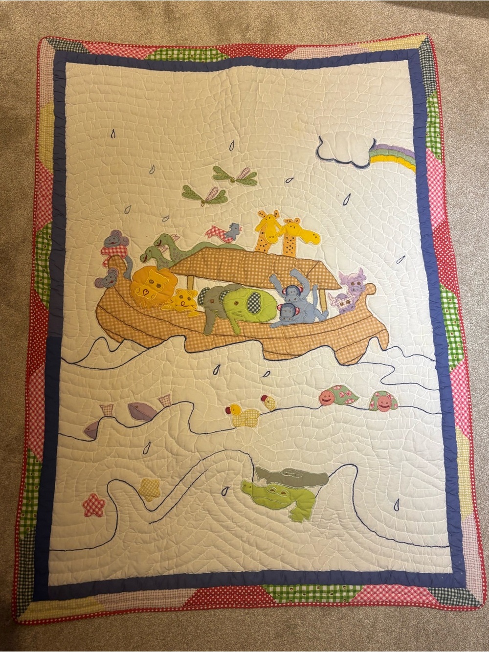 Noah's Ark Appliqué Baby Quilt - Blue, Green, Yellow